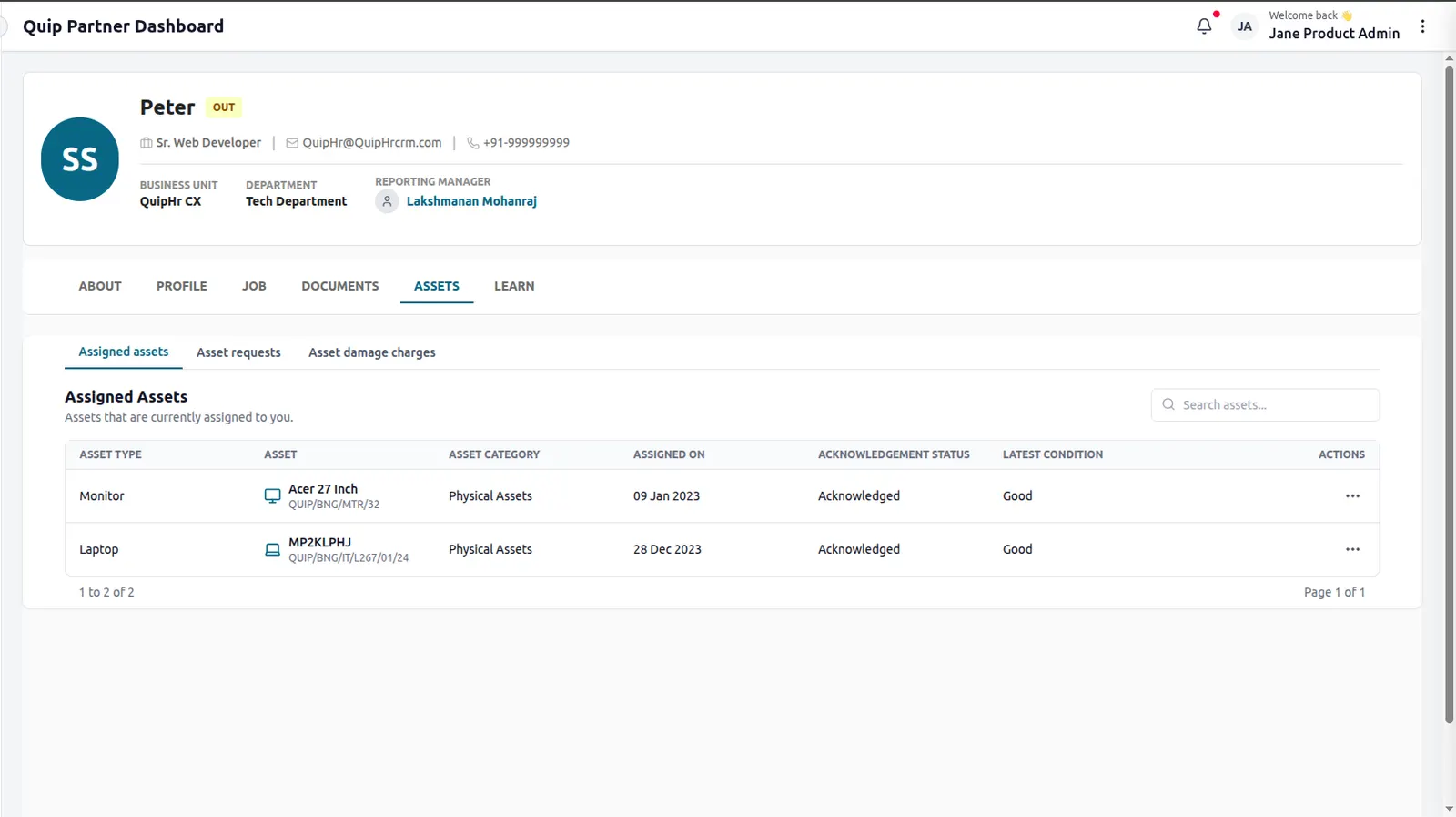 QuipHire asset and inventory management screen