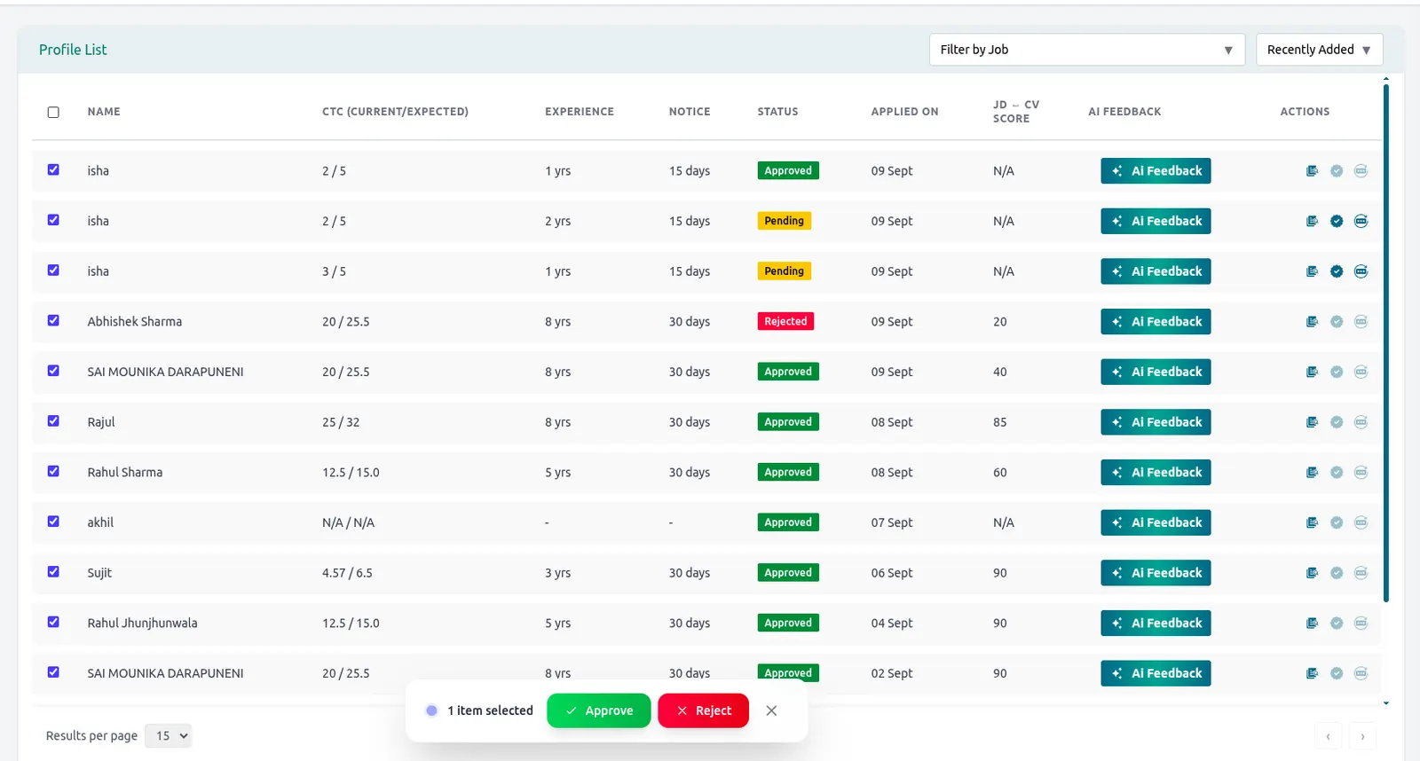 QuipHire AI screening and candidate scoring screen