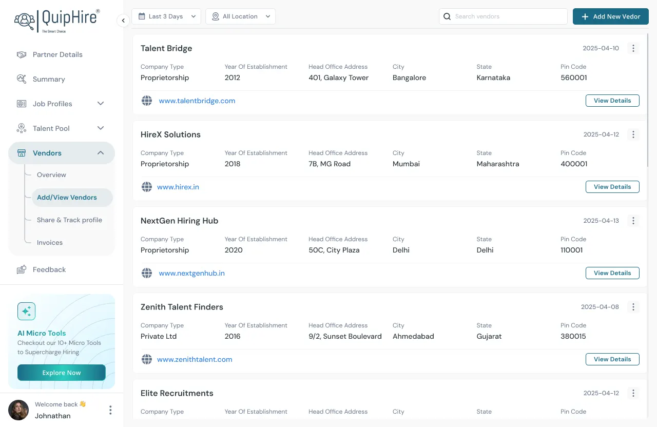 QuipHire vendor management screen