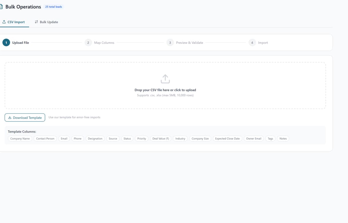 QuipCRM bulk operations CSV import and mapping screen