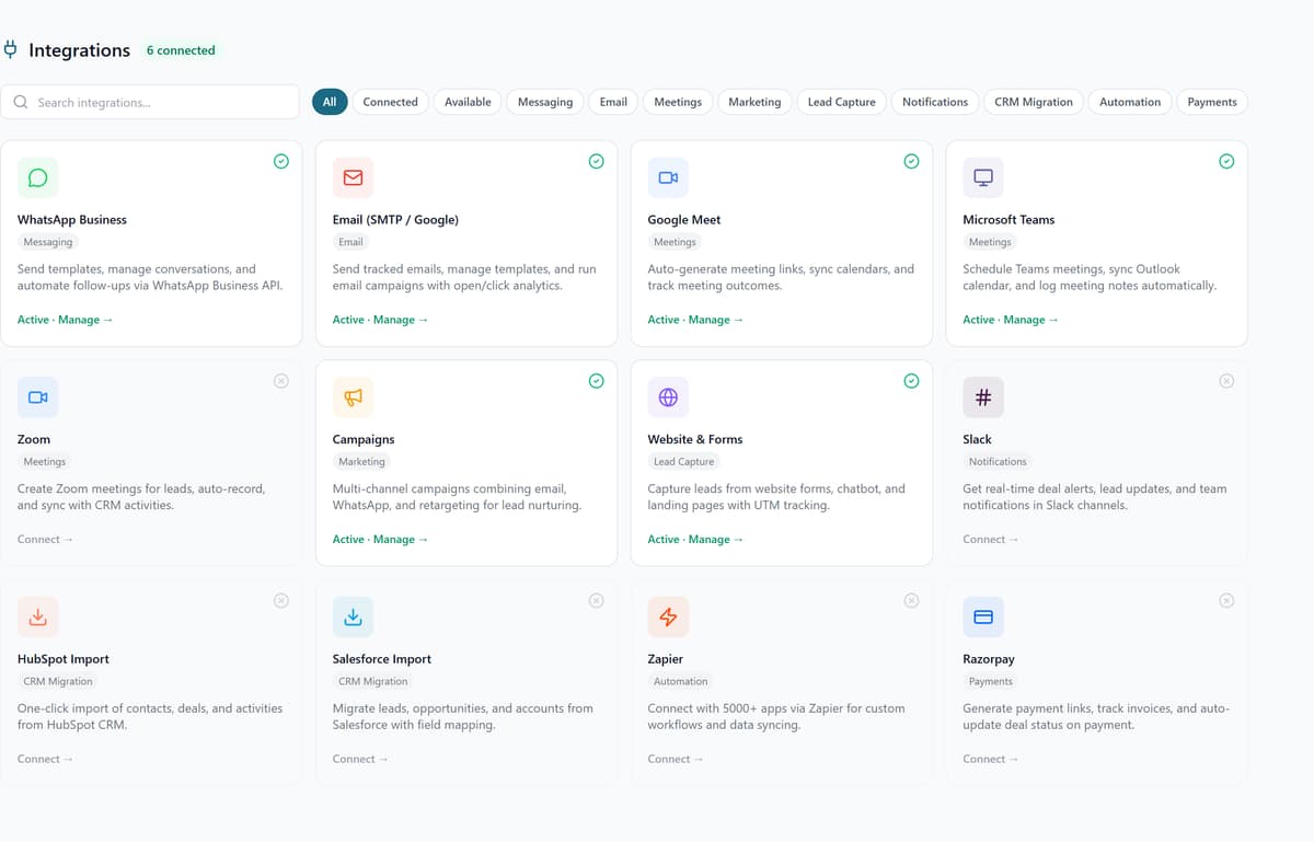 QuipCRM integrations hub listing connectors by category
