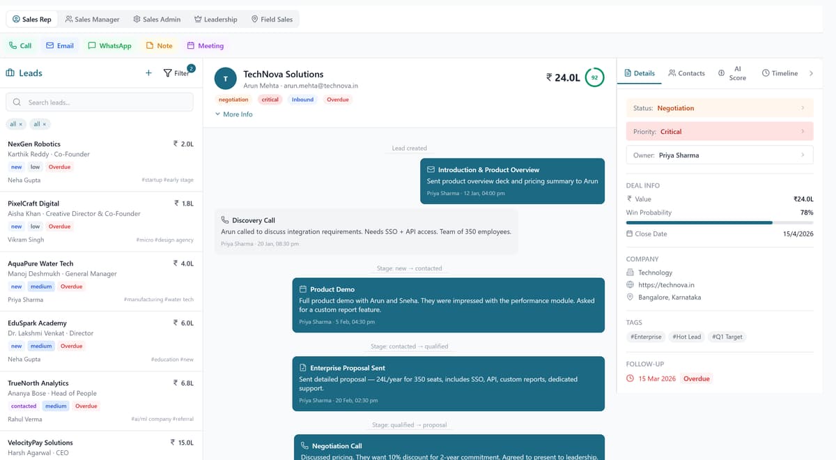 QuipCRM lead workspace showing the lead list, activity timeline and deal detail panes