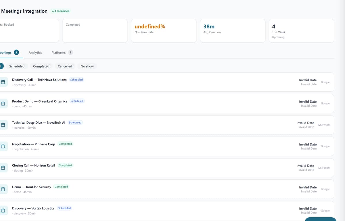 QuipCRM meetings and calendar view across Meet, Teams and Zoom