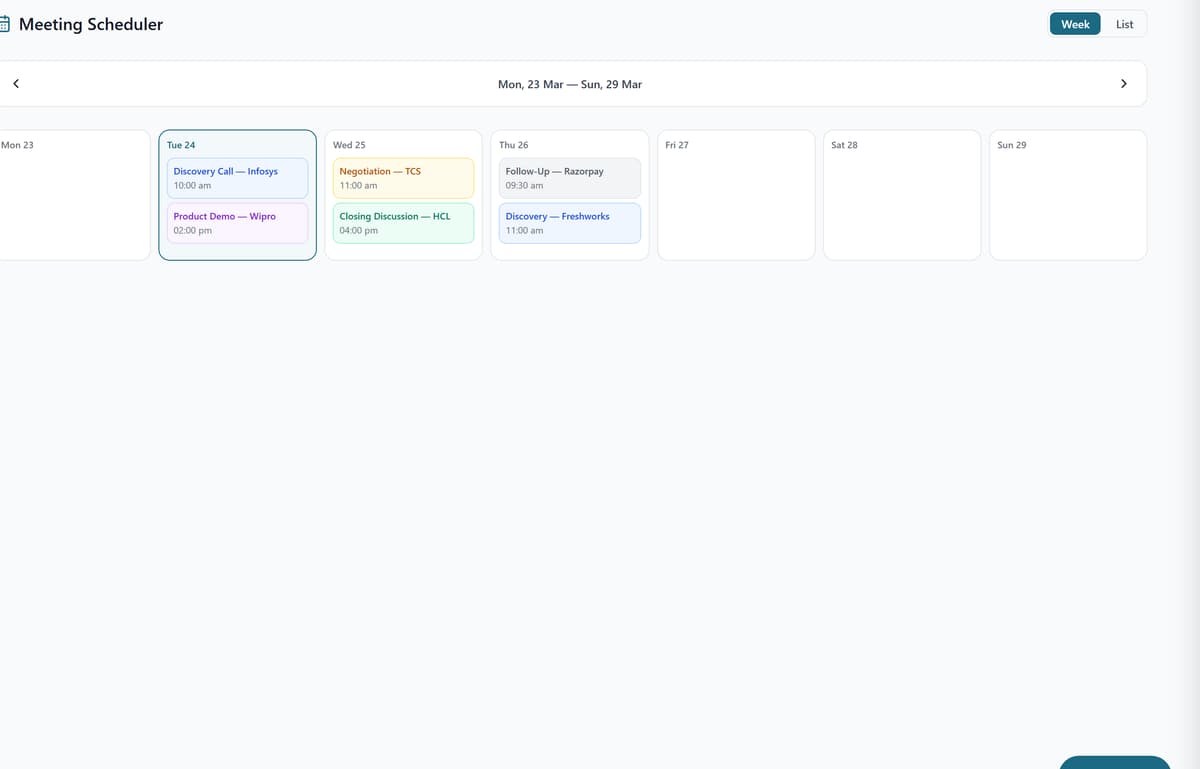 QuipCRM sales meeting scheduler with outcomes logged
