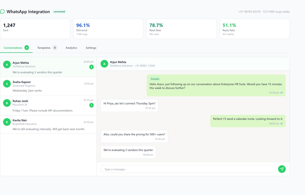 QuipCRM WhatsApp Business conversation attached to a lead record