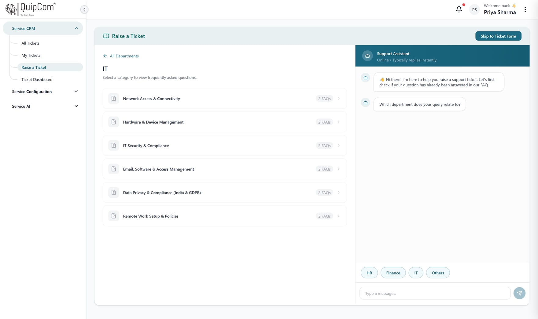QuipCRM Service self-service intake with department and knowledge suggestions