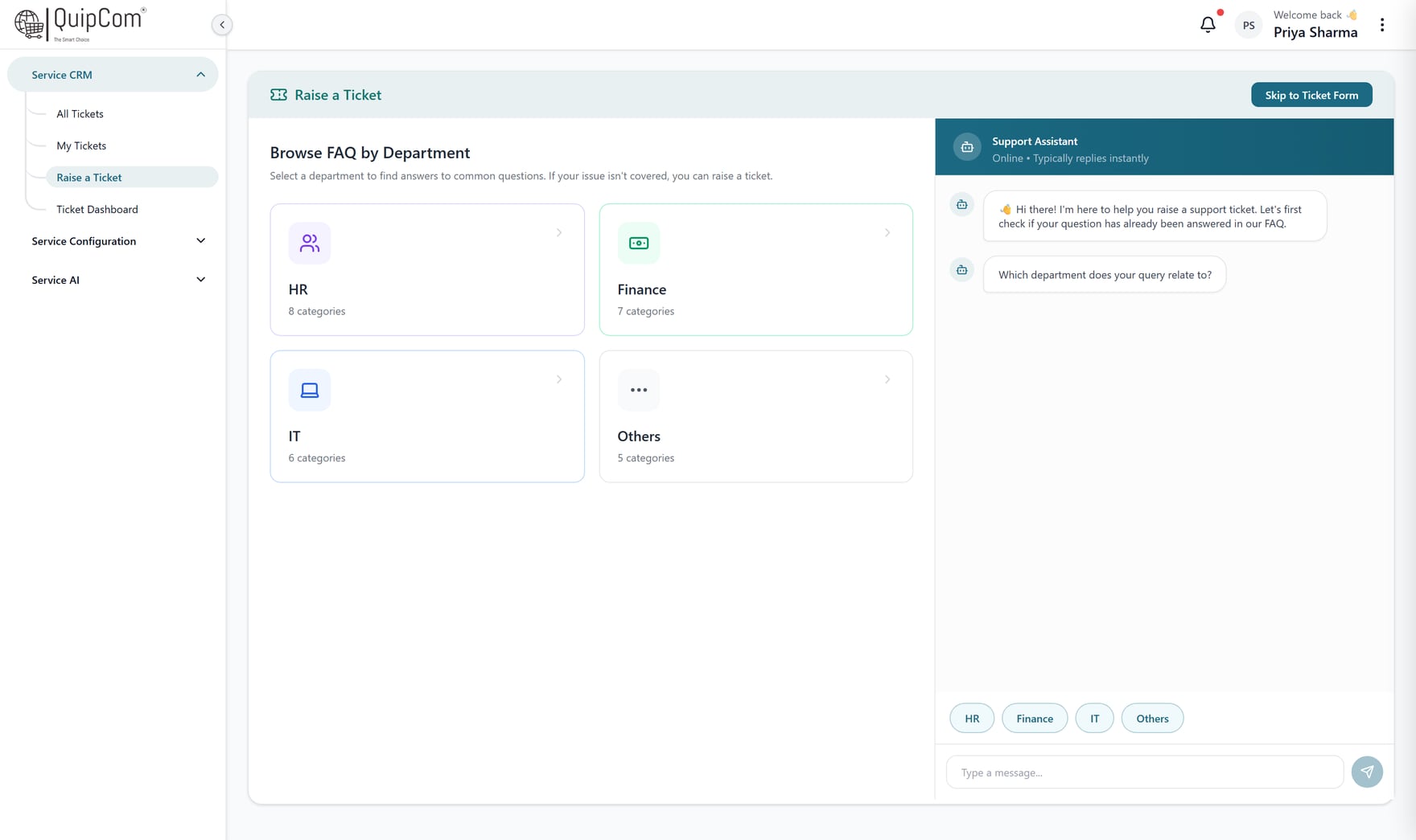 QuipCRM Service sandbox demo mode dataset selector