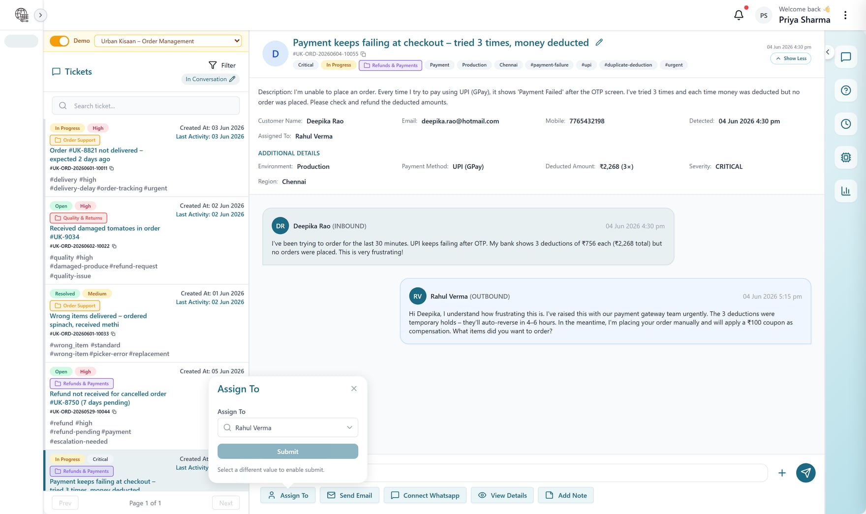 QuipCRM Service reply panel with assign, email and WhatsApp options