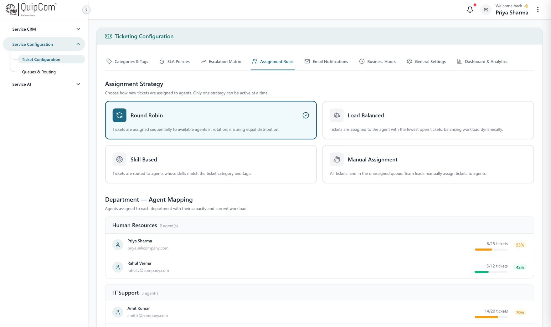 QuipCRM Service assignment rule configuration with agent capacity