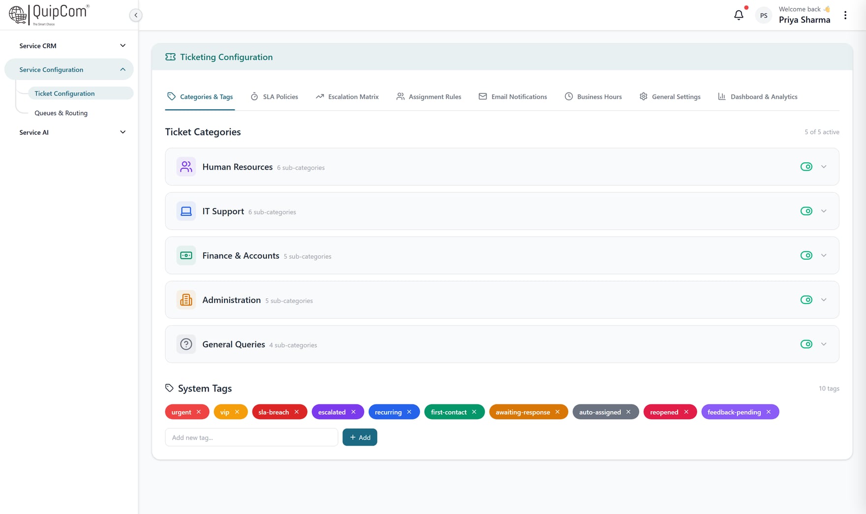 QuipCRM Service category and sub-category configuration screen