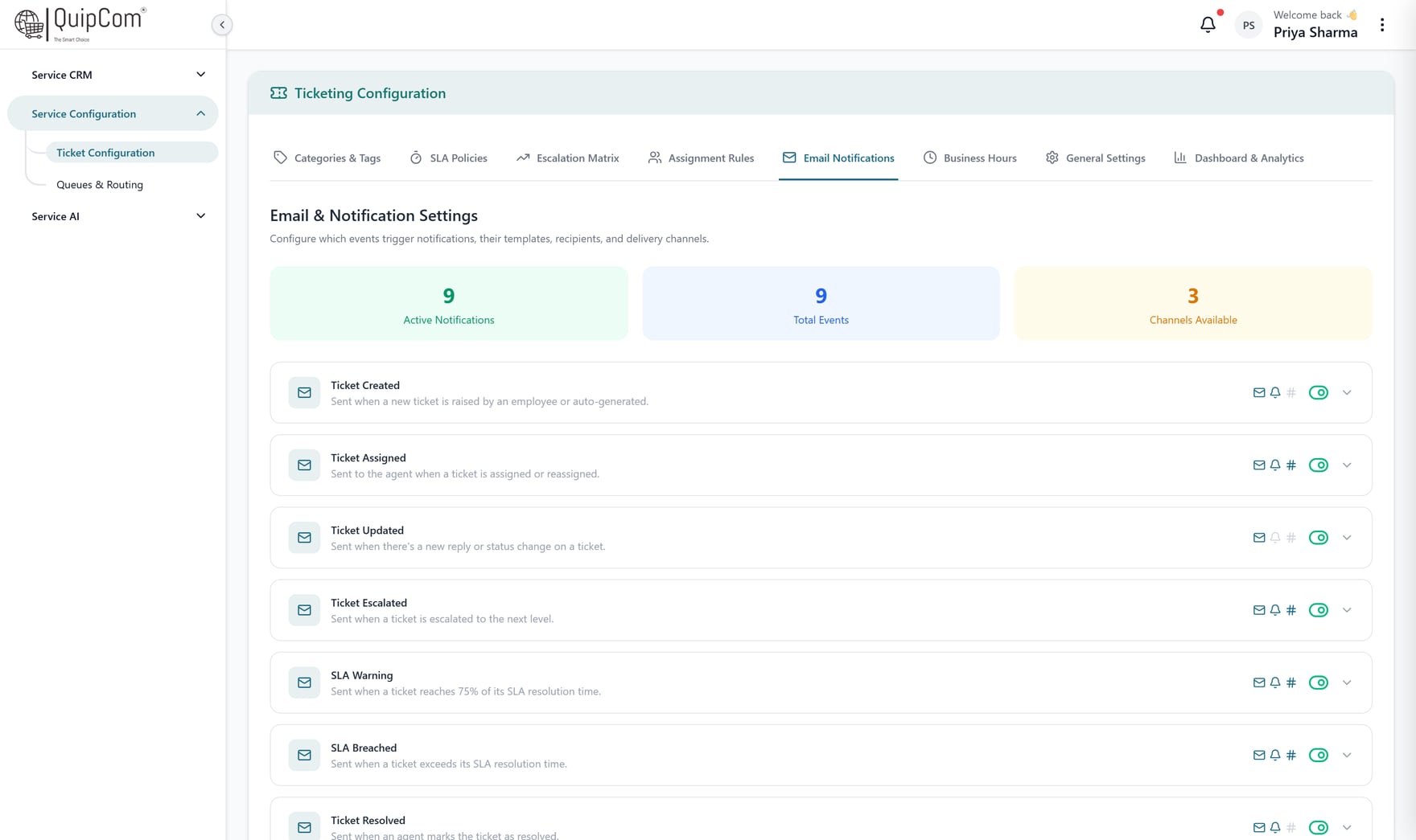 QuipCRM Service notification matrix configuration