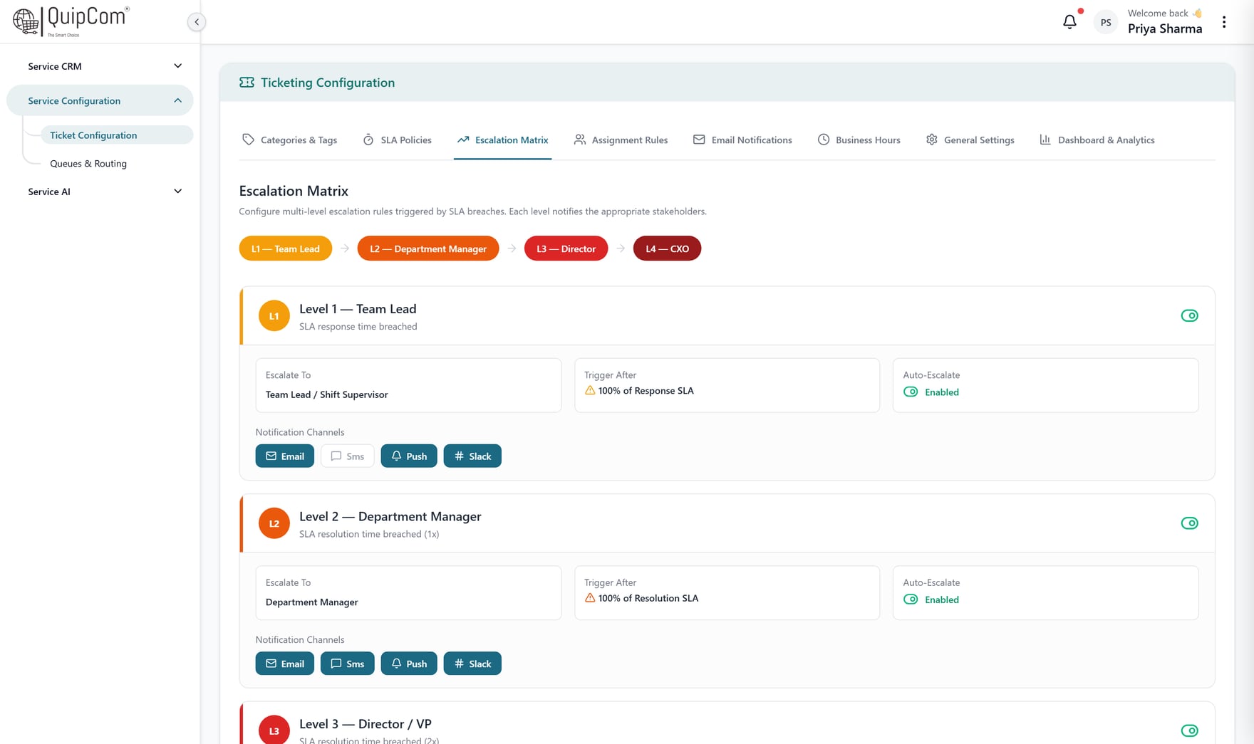 QuipCRM Service four-level escalation matrix configuration