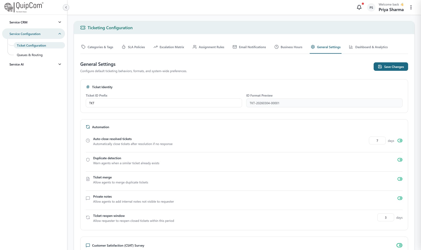 QuipCRM Service general settings screen