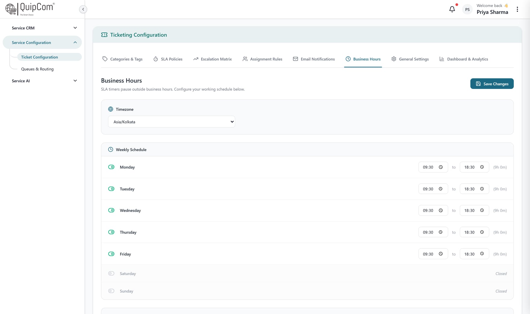 QuipCRM Service business hours configuration