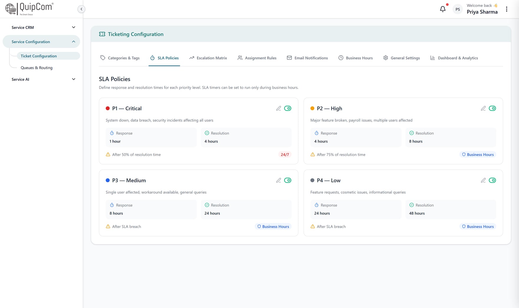 QuipCRM Service SLA policy configuration with four tiers