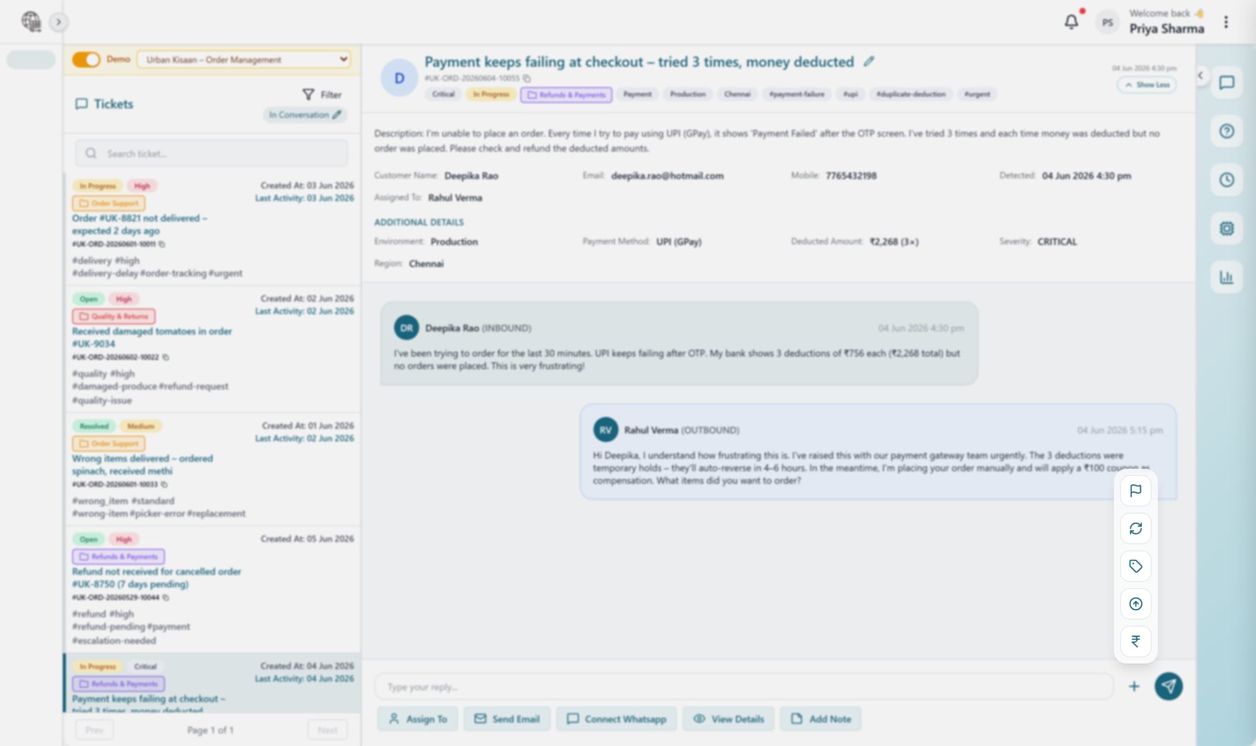 QuipCRM Service ticket action overlay for assign, escalate and refund
