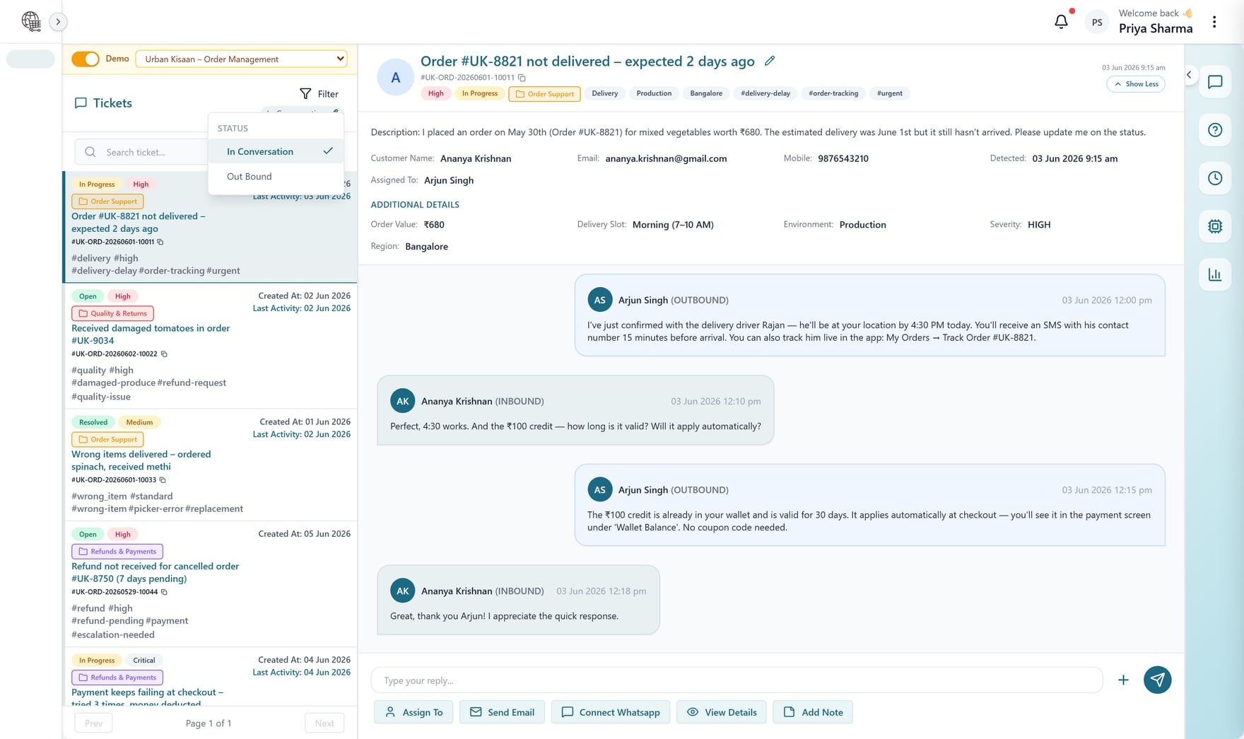 QuipCRM Service ticket queue with folder and tag filters